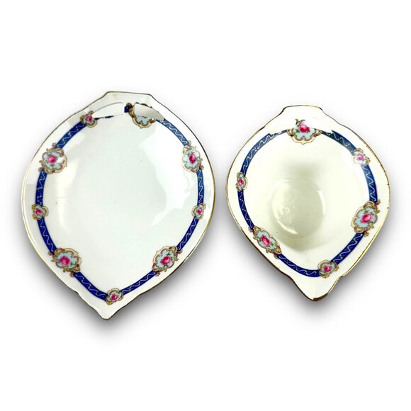 Antique German Porcelain Gravy Boat & Underplate Hand-Painted Floral Design Gold - Picture 2 of 13